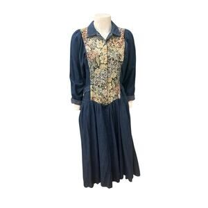 Vintage 80s Denim Prairie Dress Tapestry Floral Corset Midi Puffed Sleeve S 7 -